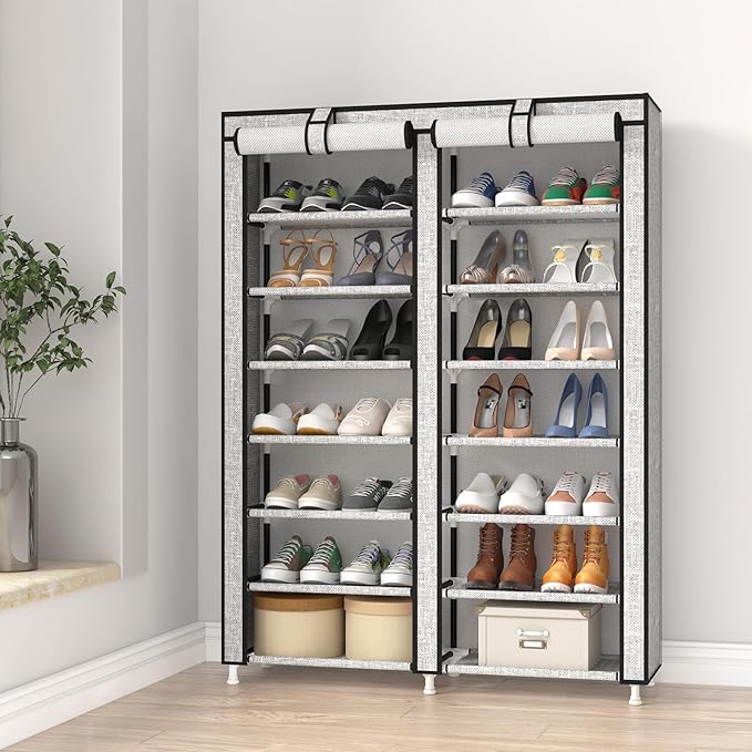 JIUYOTREE 7-Tier Shoe Rack Storage Organizer with Dustproof Cover Closet Cabinet Shelf Holds up to 28 Pairs for Doorway Corridor Balcony Living Room Ash Gray-NeatNest