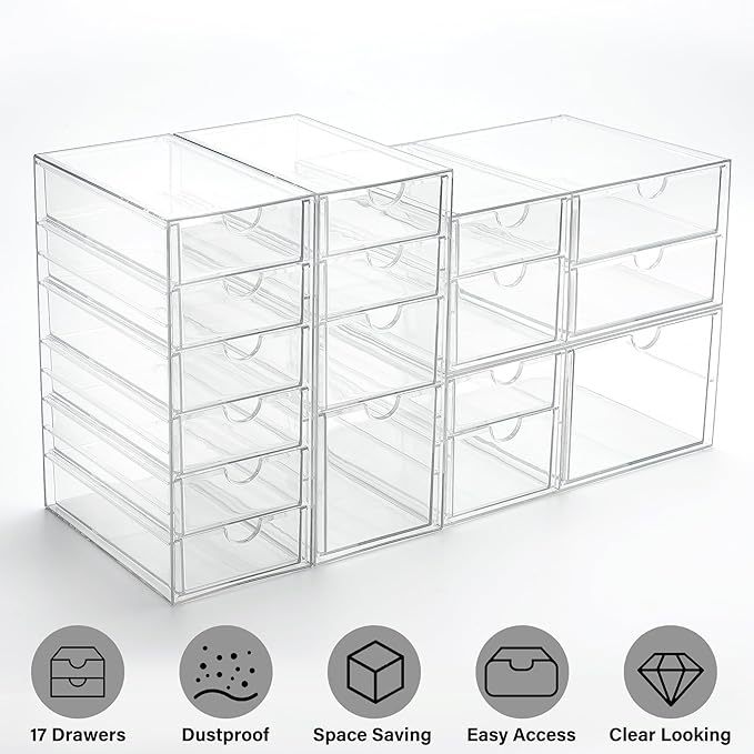 Prsildan Acrylic Drawer Organizer with 17 Drawers, Craft Office Desk Makeup Organizers Accessories, Set of 4 Clear Stackable Storage Drawers for Vanity, Countertop, Jewelry, Art Supply Organization-NeatNest