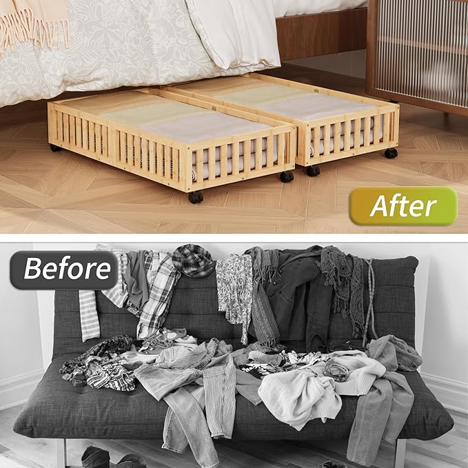 Bamboo Under Bed Storage with Wheels (2-Pack) – Rolling Underbed Shoe Organizer Box for Shoes, Blankets, Toys, Clothes Container Space-Saving Organizer Bins for Bedroom, Closet, Dorm, Nursery-NeatNest