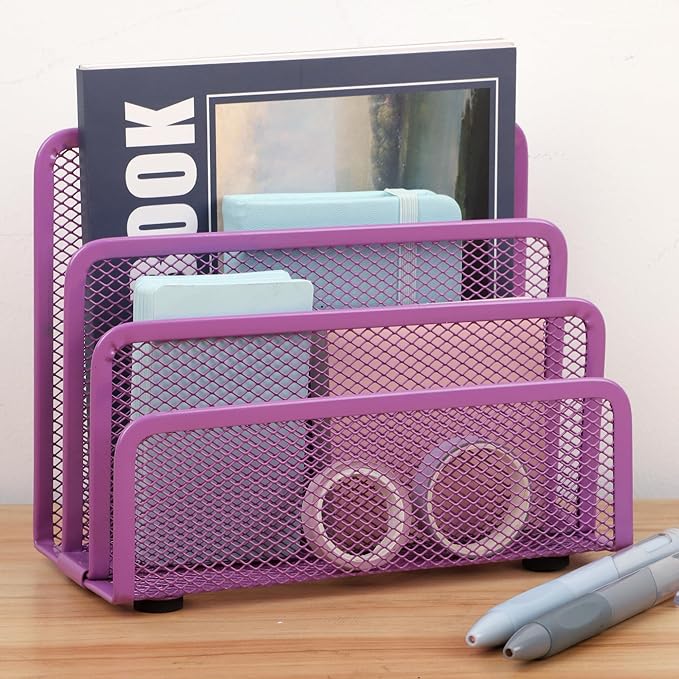 EASEPRES Desk Mail Organizer, Office Small Desktop Metal Mesh Envelope Letter Sorter Paper File Holder Organizer with 3 Vertical Upright Compartments, Purple 1 Pack