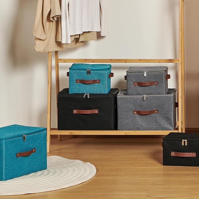 Storage Bins with Lid Fabric Storage Box Basket PU Leather Handle Textured Woven Cotton Linen Decorative Foldable Washable Shelf Closet Organizer Container (Zipper Lid, Blue, Large)-NeatNest