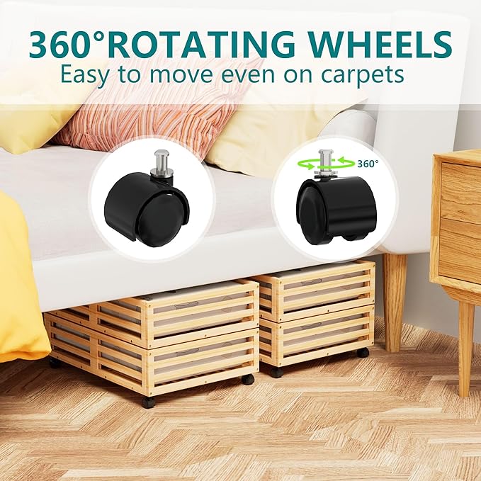 Bamboo Under Bed Storage Containers- Underbed Organizer with Wheels with Large Capacity Dust Bag,Sturdy Wood Rolling Under Bed Shoe Storage Organizer 2 Packs (Nature, 2 Packs (23.62"×16.54"))-NeatNest