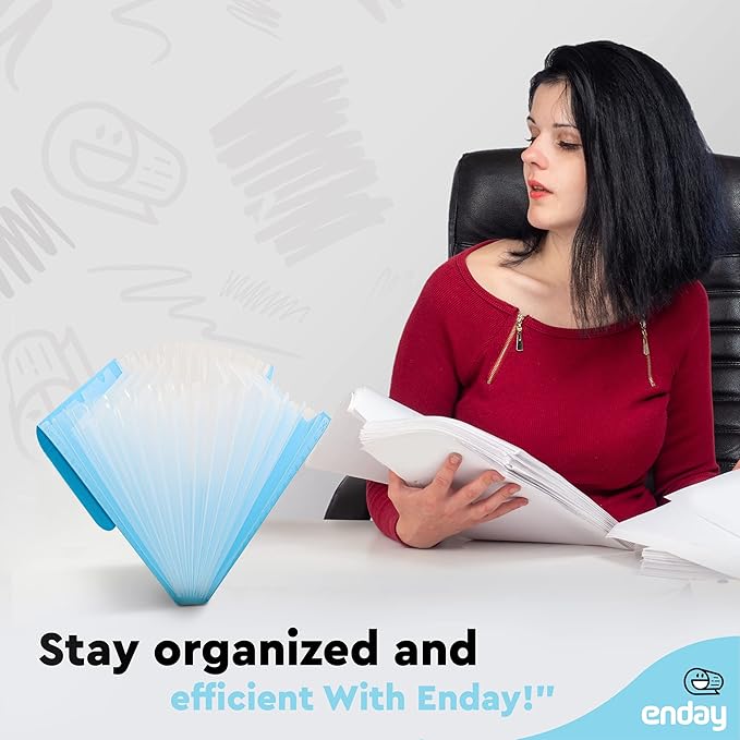 Accordian File Organizer, 13 Pocket Expanding File & Cover Folder with Labels, Plastic Portable Desktop Supplies Letter A4 Paper in Blue and Purple (2 Pack) – by Enday