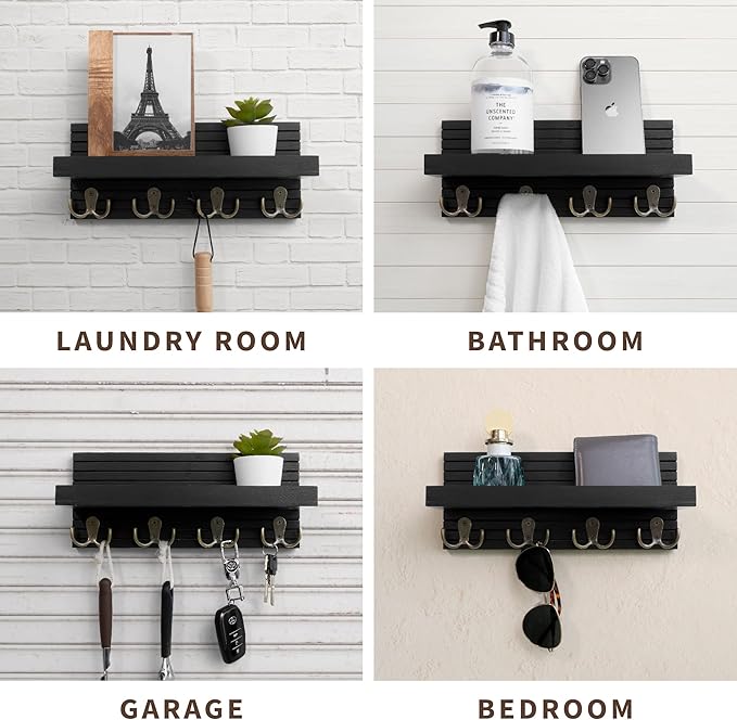 Black Wooden Key Holder - Wall Mounted Mail Organizer and Key Hanger - Modern Farmhouse Entryway Shelf with 4 Double Brass Hooks - Decorative Rack for Car Keys, Wallet-NeatNest