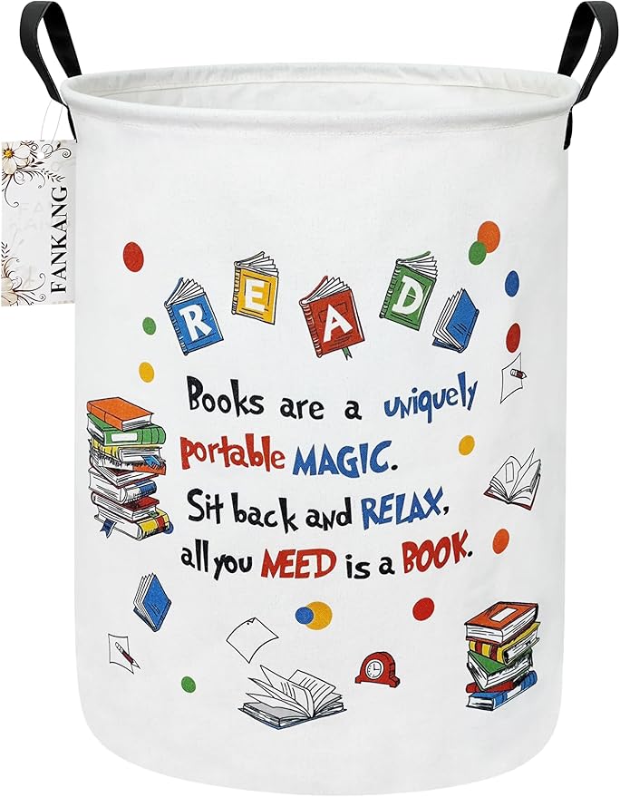 FANKANG Storage Basket, Nursery Hamper Canvas Laundry Basket Foldable with Waterproof PE Coating Large Storage Baskets for Kids Boys and Girls, Office, Bedroom, Clothes,Toys(Reading)