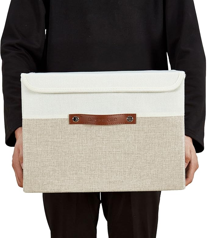 DECOMOMO Fabric Storage Bins with Lid, Storage Baskets for Shelves Toy Box (Beige and White, 3 Pack)-NeatNest