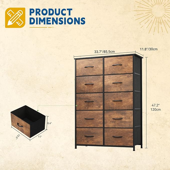 DWVO 10 Drawers Dresser, Fabric Dresser, Fabric Storage Tower, Organizer Unit for Bedroom, Living Room, Hallway, Closets-NeatNest