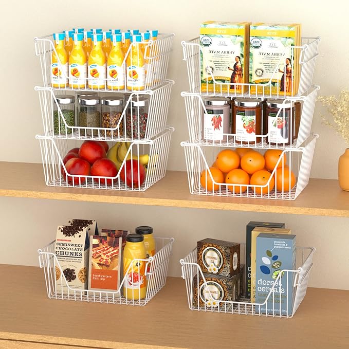 Slideep 14'' Large Metal Wire Storage Organizer Bin Basket Farmhouse Decor Stackable Storage Organizer for Pantry Home Bathroom Kitchen Organization White - 6 Pack