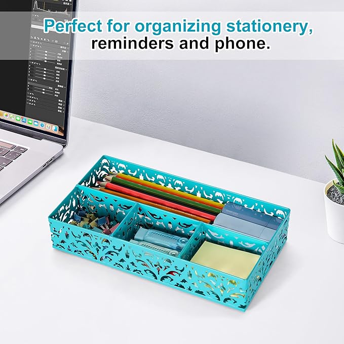 EasyPAG Desk Drawer Organizer with 4 Compartments, Carved Hollow Floral Metal Tray for Office, Jewelry, Cosmetics - No Assembly, Dark Teal-NeatNest