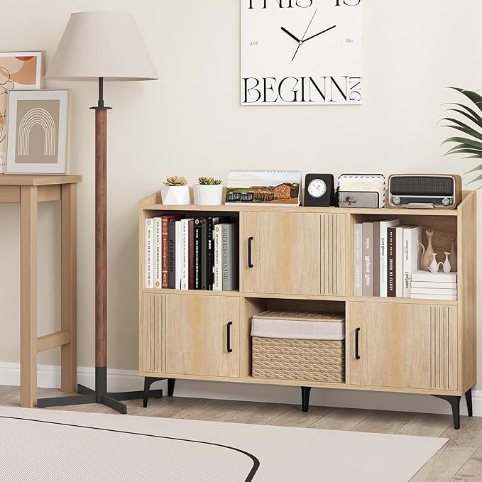 Giantex Storage Cabinet, Sideboard with 3 Doors, 3 Open Compartments, Bookcase with 5 Raised Metal Legs, Buffet Table, Bookshelf, Floor Cabinet for Living Room Display, Dining Room, Entryway, Oak