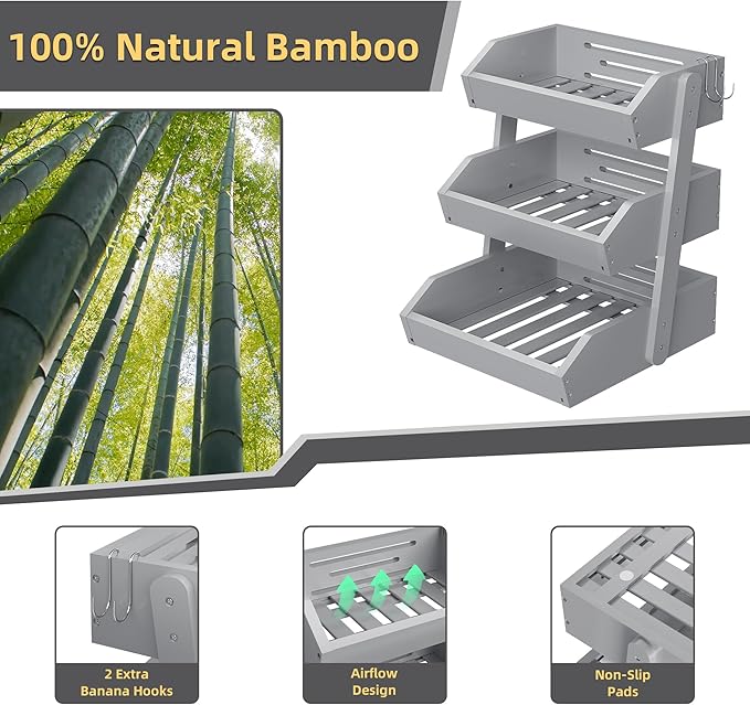 Bamboo 3 Tier Fruit Basket For Counter, Large Capacity Fruit Storage Countertop, Fruit Holder, Wooden Pantry Organizers and Storage, Kitchen Countertop Organizer With Two Banana Hangers (Grey)