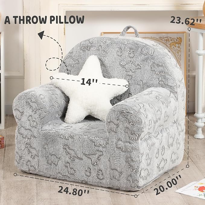 Dinosaur Glow in The Dark Kids Sofa with Star Throw Pillow, High Back Toddler Chair Glow in The Dark for Boys and Girls, Grey-NeatNest