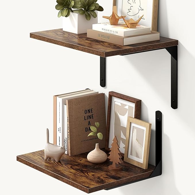 Fun Memories Rustic Brown 12 Inch Deep Floating Shelves Set of 2, Wall Mounted Shelf with Metal Brackets, Rustic Wood Wall Shelf for Bathroom, Kitchen and Living Room-NeatNest