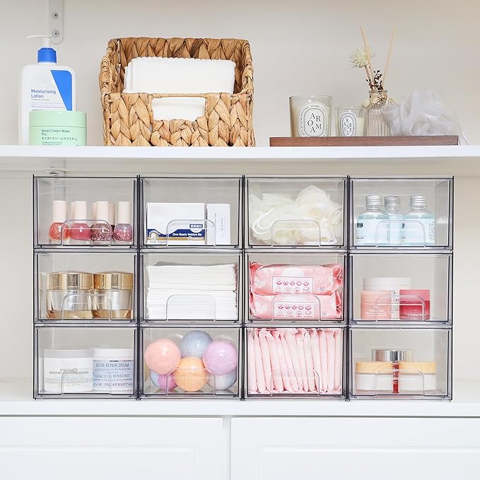 Vtopmart 4 Pack Clear Small Stackable Storage Drawers,Acrylic Bathroom Makeup Organizer,Plastic Storage Bins For Vanity, Undersink, Kitchen Cabinets, Pantry, Home Organization-NeatNest