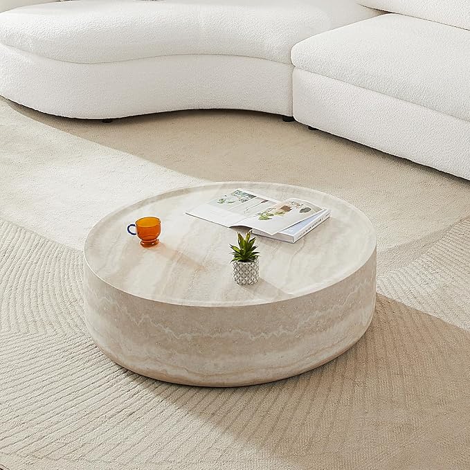 kevinplus ø31.5'' Round Stone Coffee Table for Living Room, Modern Drum Circle Faux Concrete Marble Coffee Table, Fiber Glass Material, No Assembly (Mars Texture, ø31.5'' x 11.8'')