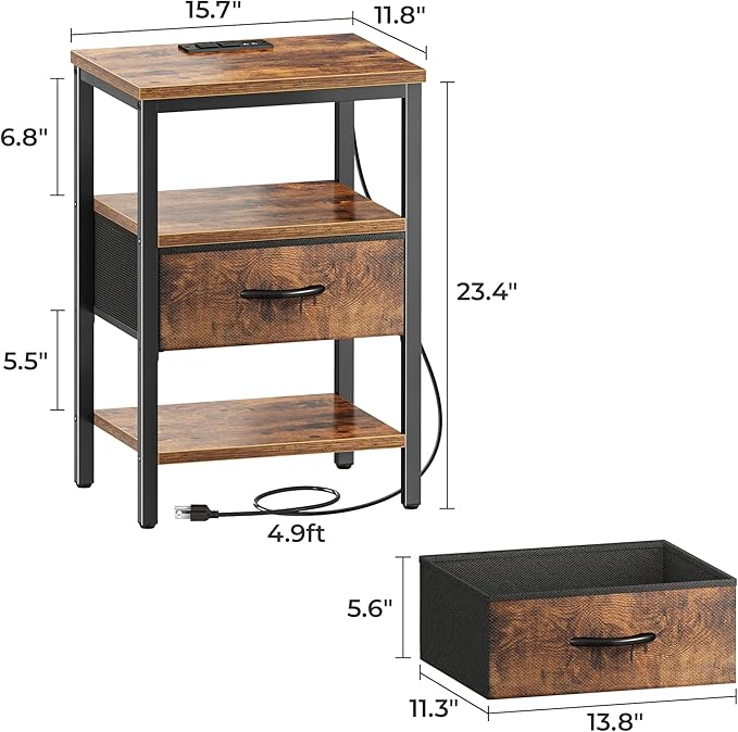 SUPERJARE Nightstand Set of 2, Bed Side Tables with Charging Station, Adjustable Fabric Drawer, Night Stand for Bedroom, 3-Tier Storage End Tables, for Living Room, Rustic Brown