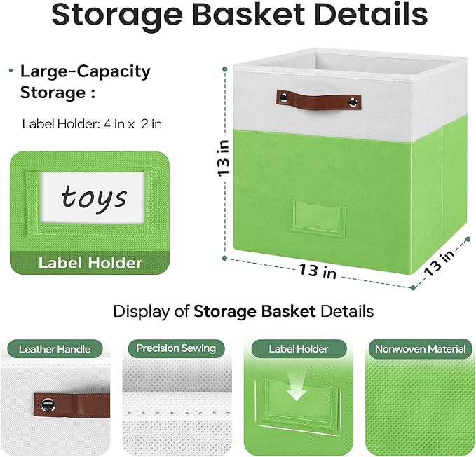 6-Pack Collapsible Fabric Storage Cubes with Handles & Label Holders, Closet Cube Home Organizer Bins (White/Light Green, 13 x 13 x 13 inch)