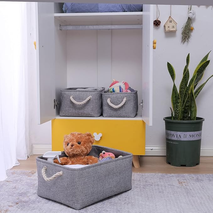Fabric Storage Basket, Foldable Linen Storage Box for Nursery and Home, Collapsible Canvas Shelf Basket for Wardrobe or Bedroom, Grey