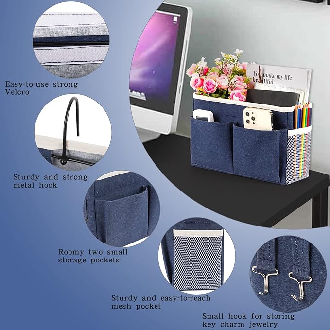 Bedside Caddy Bedside Storage Organizer Hanging Bunk Bed Dorm Room with Side Pockets for Water Bottles, Books, Cell Phones, Headphones (Dark Blue)-NeatNest