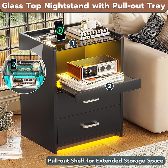 VIAGDO Nightstands Set of 2 with Charging Station and LED Lights, Black Night Stand Set 2 with Glass Top and Storage Drawers, End Side Tables with Pull-Out Tray, Modern Bedside Tables for Bedroom