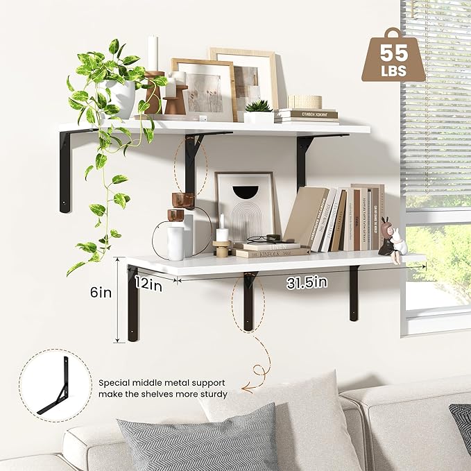 Fun Memories Floating Shelves for Wall, 12 Inch Deep Floating Shelves Set of 2, Wall Mounted Shelf with Metal Brackets, Rustic Wood Wide Shelf for Bathroom, Kitchen and Living Room, White, 32W x 12D-NeatNest