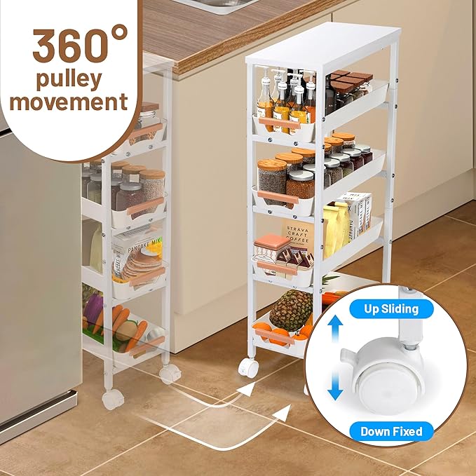Slim Storage Cart, 5-Tier Narrow Rolling Kitchen Laundry Room Cart with Drawer and Wheels, Metal Utility Cart Slide Out Organizer for Small Spaces (White)