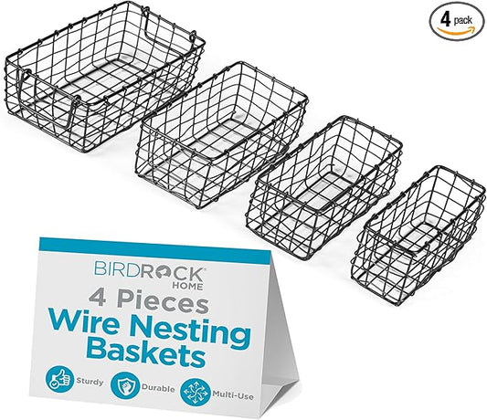 BIRDROCK HOME Wire Storage Basket Set - Iron Baskets for Organizing, Kitchen Pantry Shelves, Rectangle Bins for Bathroom, Closet, Utility, Office, Farmhouse Countertop Organization - Black - 4pc-NeatNest