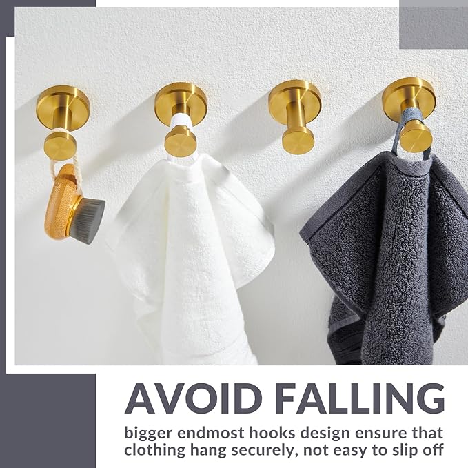 APLusee Round Robe Towel Hook 4 Pack Brushed Gold, 304 Stainless Steel Coat Utility Hook Bathroom Wall Mount