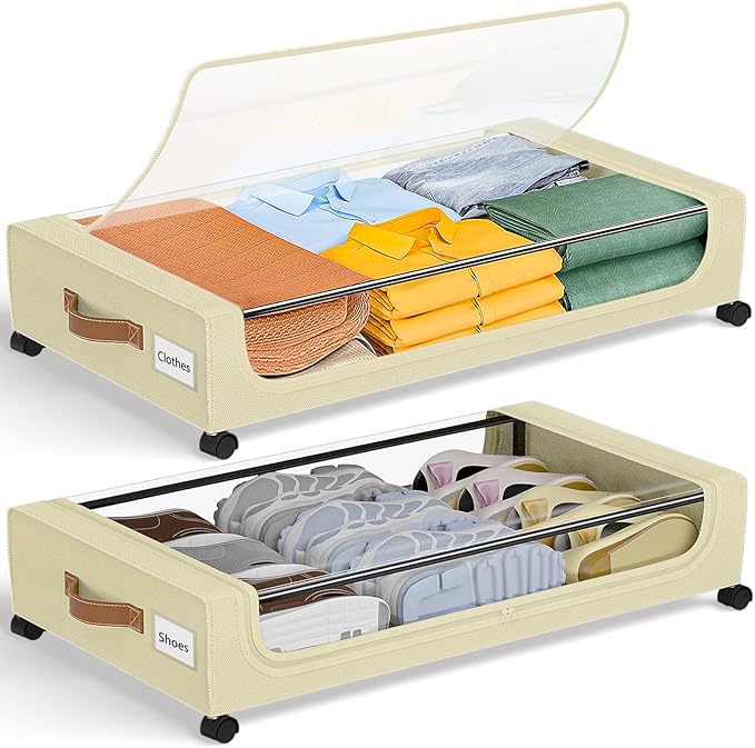GoMaihe Under Bed Storage with Wheels: XXL Underbed Storage Containers with Lids - Rolling Bins for Shoes Clothes in Dorm Bedroom - Metal Drawers Easy Pull-out Beige 2-Pack-NeatNest