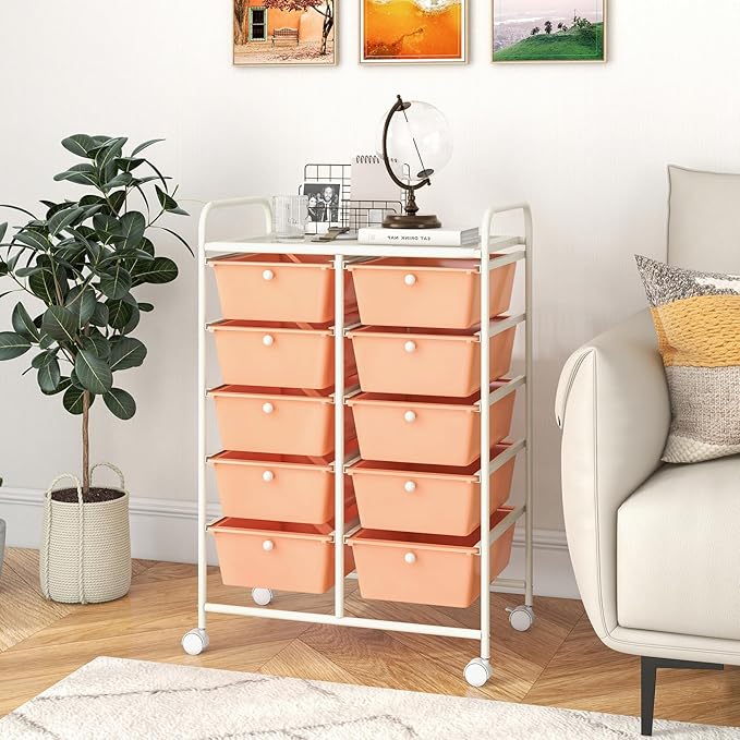 Moccha Rolling Cart with 10 Drawers - Under Desk Storage Drawers with wheels for Craft Art Supply Paper Salon, Under Desk Cabinet on Wheels, Multipurpose Movable Utility Cart for Classroom