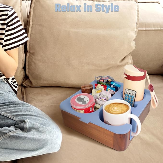 Couch Cup Holder Tray, Real Acacia Wooden Caddy with Soft Silicone, Snack and Drink Organizer- Perfect Movie Night Accessories for Bed, Remote and Cup Holders for Sofa (Blue)-NeatNest