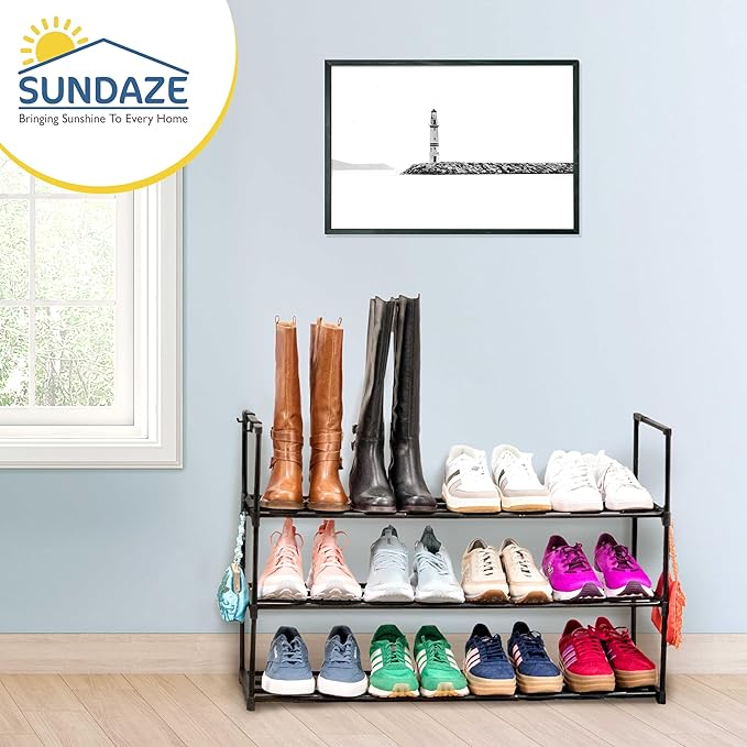 Sundaze Shoe Rack - 3 Tier Metal Shoe Rack for Front Door Entrance, Sturdy Long Shoe Organizer for Closet, Bedroom, Entryway, Garage, Black Metal Shoe Shelf, Holds Up to 15 Pairs-NeatNest