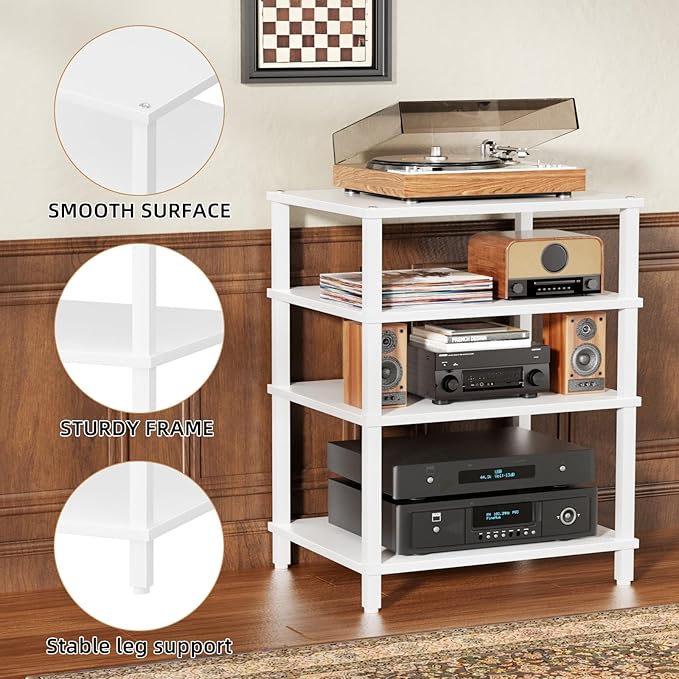 4-Tier AV Media Player Stand, White Stereo Cabinet, Modern Stereo Cabinet, Wooden TV Stand,Game Console Shelf, Multifunctional Entertainment Center, Suitable for Home, Conference Room, Game Studio,-NeatNest