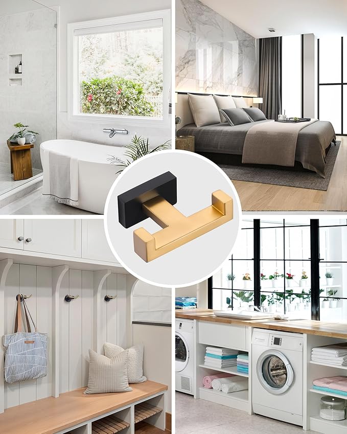 Double Bathroom Towel Hook - Modern Gold & Black Tower Holder - Heavy Duty Robe Hooks for Wall - Stainless Steel Shower Towel Hanger