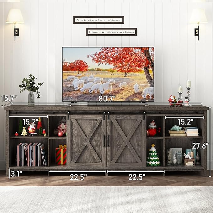80 Inch Large Farmhouse TV Stands for 90 inch TV w/Adjustable Shelves-NeatNest