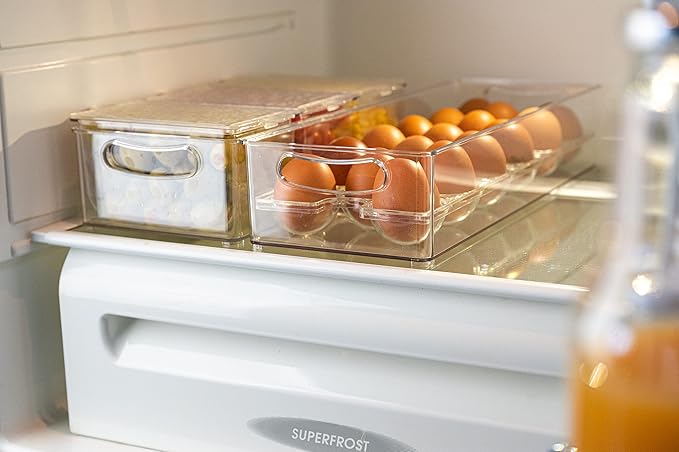 Egg Holder and Fridge Organizer | Clear Food-Grade Plastic Refrigerator Egg Storage Container | Holds Up to 17 Eggs | Dishwasher Safe, Heat and Freezer Resistant | Made in USA