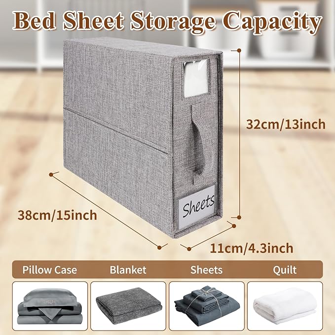 Foldable Sheet Set Organizer, Bed Sheet Storage Organizer with Visual Window, (Queen & King Size) Sheet Storage Box (6 Pack, Grey)-NeatNest