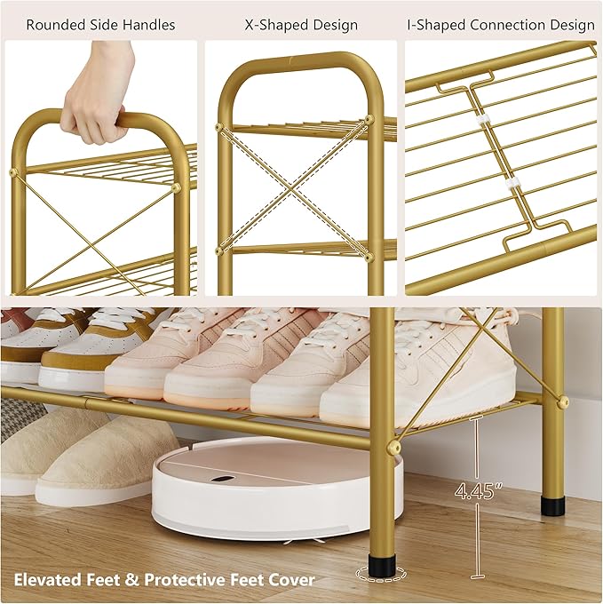 Hoctieon 2 Tier Shoe Rack for Closet, Durable Mesh Style Shoe Rack, Entryway Shoe Shelf, Shoe Storage Organizer for Hallway, Bedroom, Living Room, Wardrobe, Gold-NeatNest