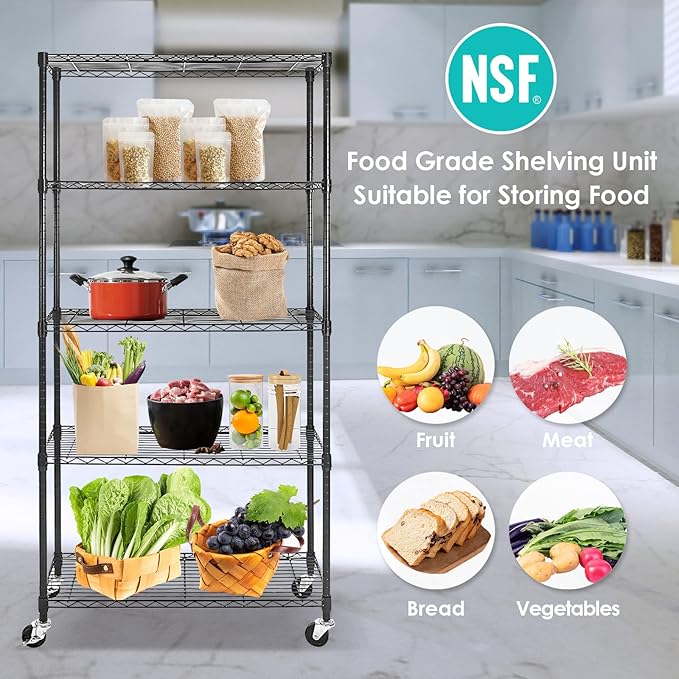 5 Tier Wire Shelving Unit, Adjustable Metal Storage Rack, Mobile Wire Shelves for Kitchen, Laundry, Bathroom, Pantry, Closet Organization (17.7" D x 35.5" W x 71" H, Black)