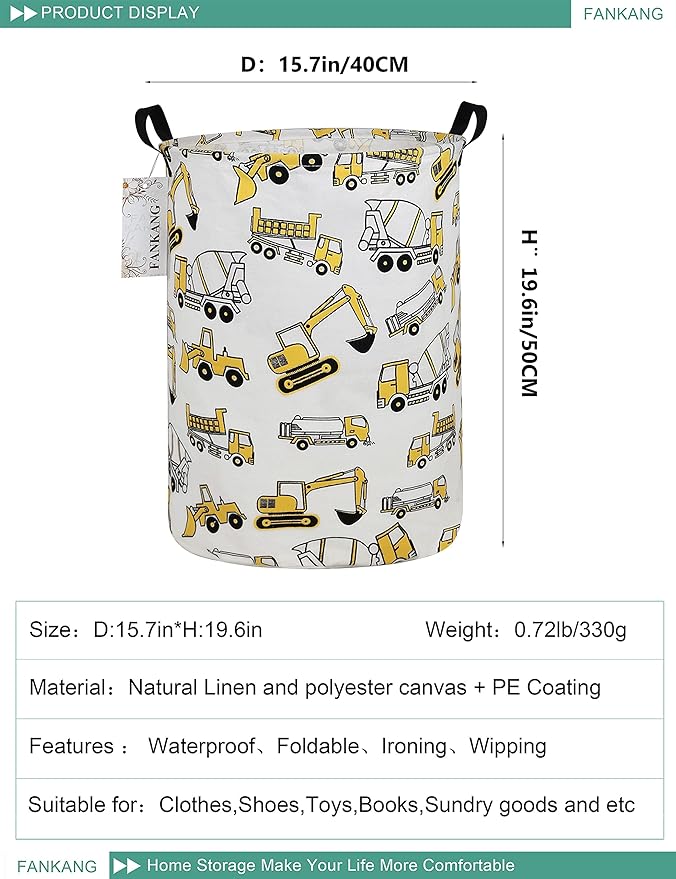 FANKANG Storage Basket, Nursery Hamper Canvas Laundry Basket Foldable with Waterproof PE Coating Large Storage Baskets for Kids Boys and Girls, Office, Bedroom, Clothes,Toys(excavator)