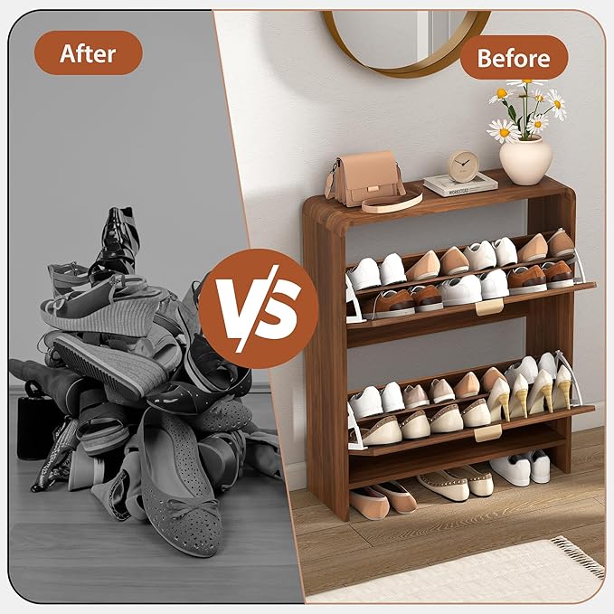 Narrow Shoe Storage Cabinet for Entryway with 2 Flip Drawers, Freestanding Wood Shoe Cabinet with Arched Stripe Panel, Curved Edge Shoe Organizer Closed Shoe Rack for Hallway, Foyer (Walnut)-NeatNest