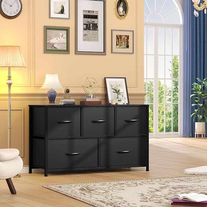 DWVO Dresser with 5 Drawers - Fabric Storage Tower, Organizer Unit for Bedroom, Living Room, Closets - Sturdy Steel Frame, Wooden Top (Black)-NeatNest
