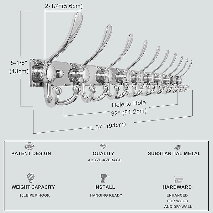 Dseap MaxStrong 2.0 Coat Rack Wall - 37” Long 10 Tri Hooks - Ultra Heavy-Duty Stainless Steel Wall Mount Coat Hanger, Hook Rail for Clothes Hats Jacket Towels Chromed