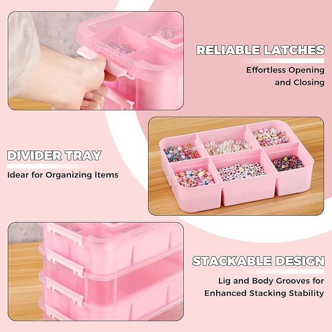 Art Supply Storage Organizer with 2 Removable Trays, 4-Layer 11QT Durable Craft Organizers and Storage for Sewing, Tool, Office Supplies, Art, Craft Supplies(Pink)