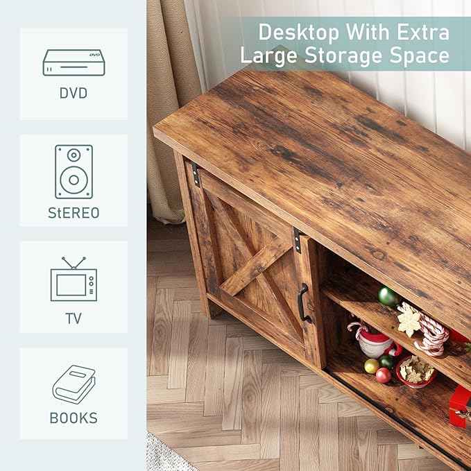 Farmhouse TV Stand for 55-65in TV with Adjustable Shelves & Sliding Barn Door - Rustic, Wooden Entertainment Center & Media Cabinet for Bedroom, Living Room (Dark Brown, 58in)-NeatNest