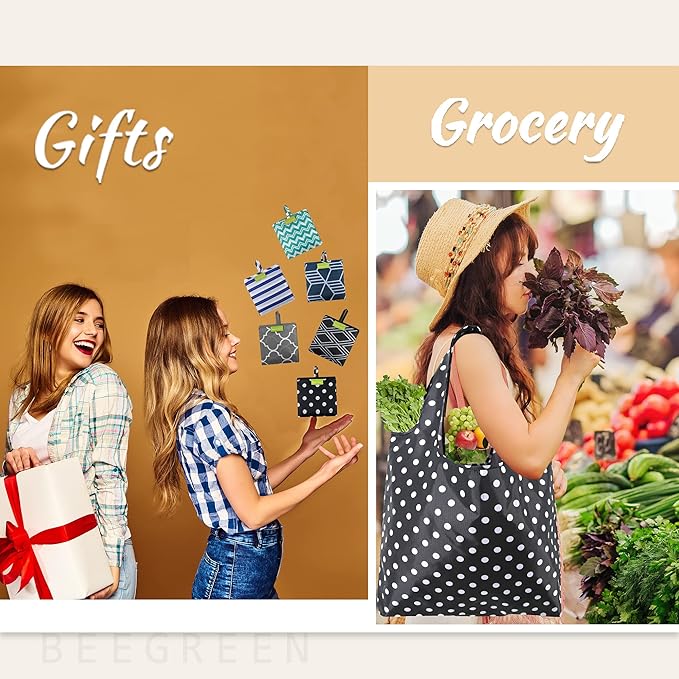 BeeGreen Grocery Bags | Reusable Gift Bags, Large Tote for Women & Foldable Beach Bag - 6 Pack Reusable Bag With Handles | Collapsible Cute Cloth Storage for Market, Holiday & Shopping | Washable-NeatNest