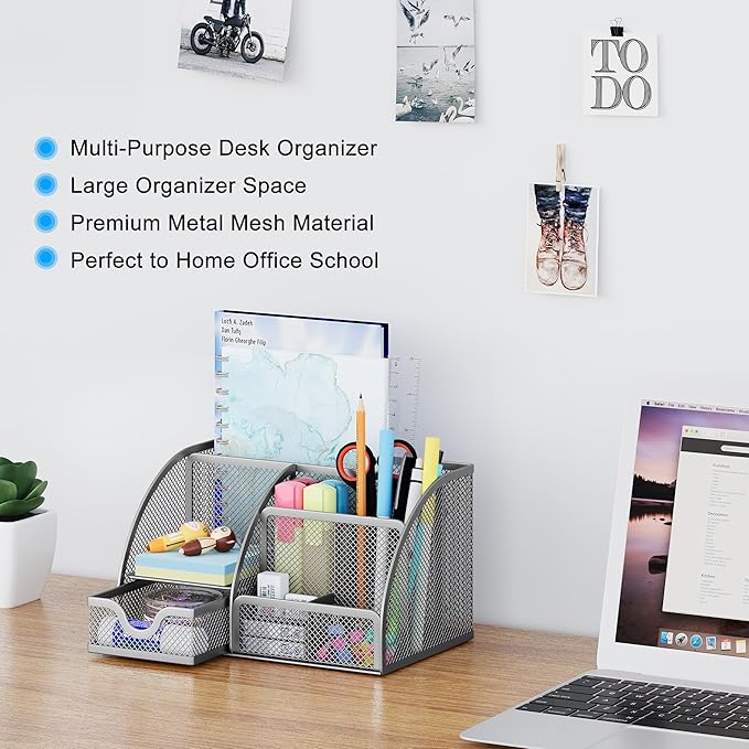 EasyPAG Mesh Desk Organizer, Multi-functional Stationery Organizer for School Supplies, Office Pen Holder for Desk, 6 Compartments Dorm Organization with Drawer, Silver