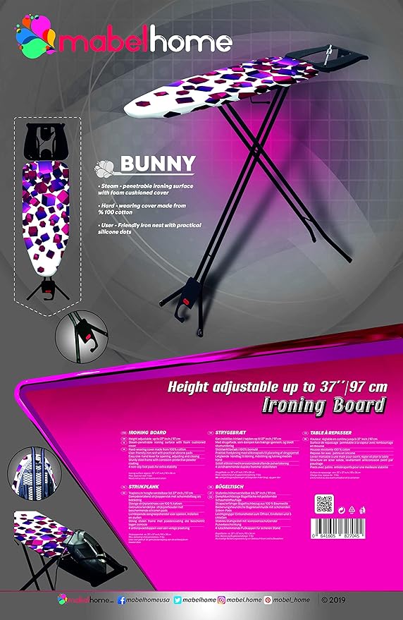 Mabel Home Ironing Board Made in Europe, Adjustable Height, Deluxe, 4-Leg, + Extra Cover, Easy Storage, 3 Different Model & Sizes (Space Saver (36" x 13"))