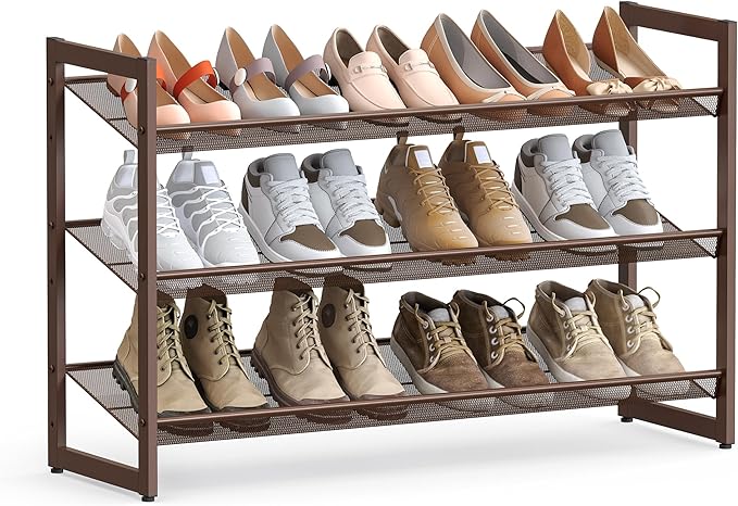 SONGMICS Shoe Rack, 3-Tier Shoe Organizer, Metal Shoe Storage for Garage, Stackable Shoe Shelf, with Adjustable Flat or Angled Shelves, 9-12 Pairs, Bronze ULMR03A-NeatNest