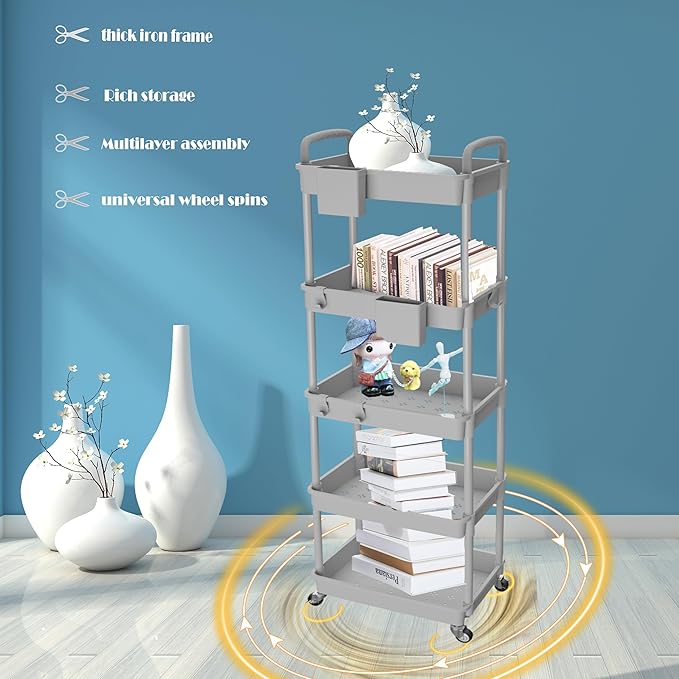 5 Tier Rolling Utility Cart with Handle,REBECAT Utility Cart Made of Multifunctional Storage Organizer Tool for Kitchen,Bathroom,Living Room,Office(Gray)-NeatNest